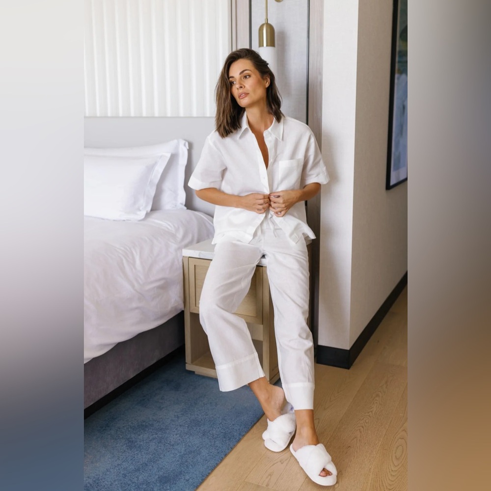 Le Rose Portia White Linen Bridal Pajama Lounge Set Size XS NWT